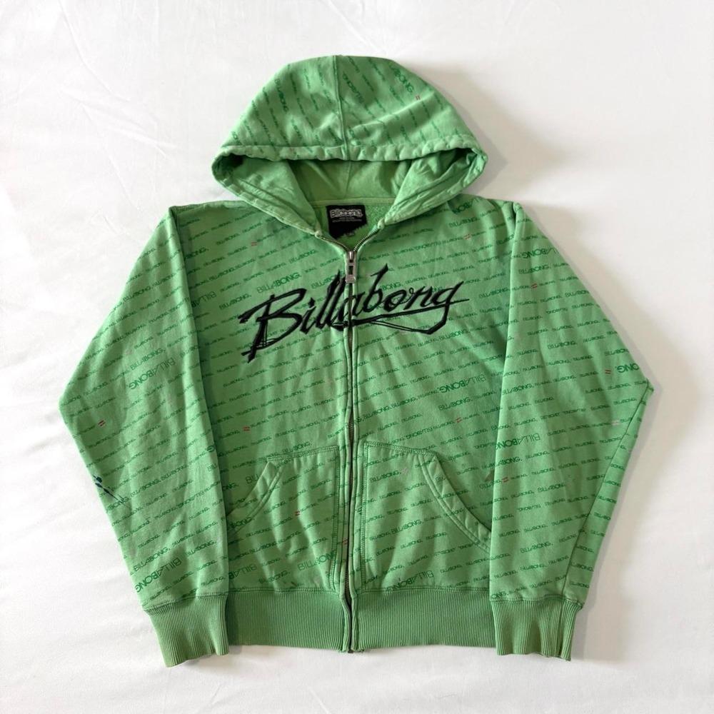 Billabong Full Zip Pullover Hoodie Womens Small Green Y2K All Over Print